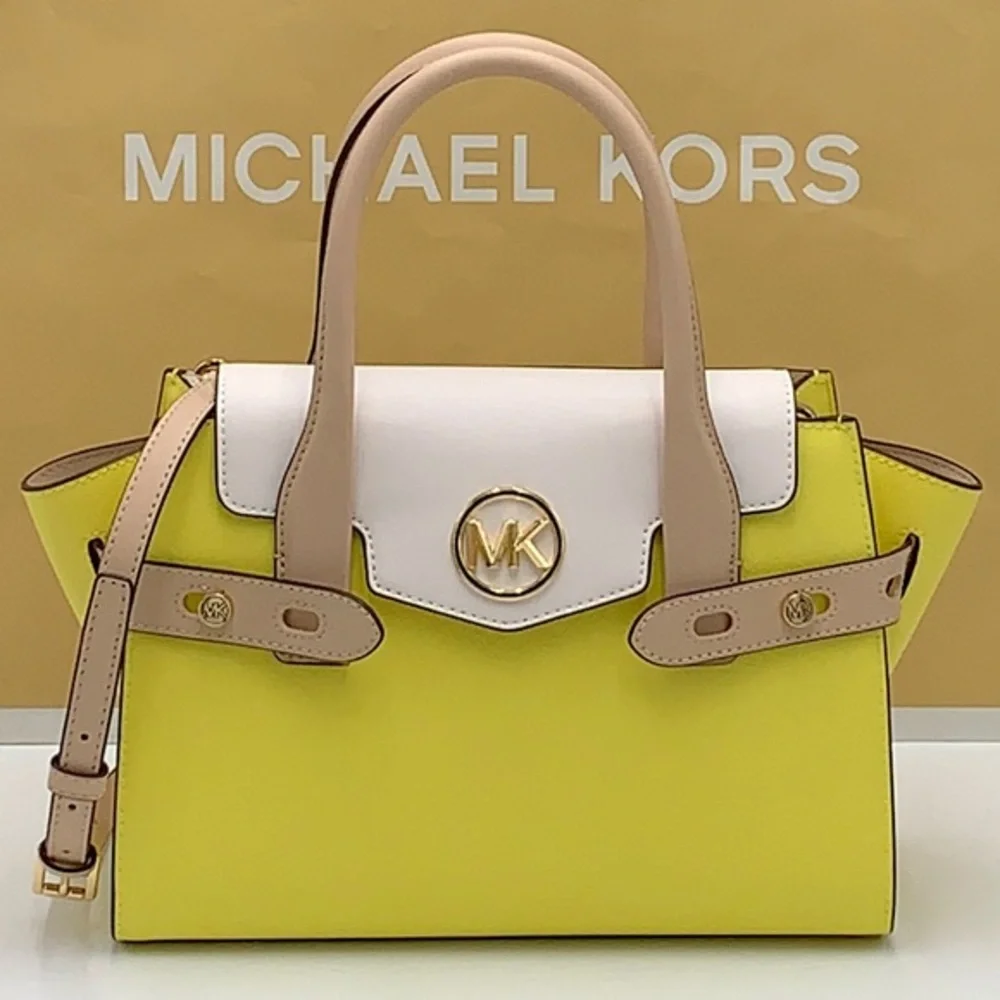 MICHAEL KORS Carmen Medium Color-Block Faux Saffiano Leather Belted Satc…